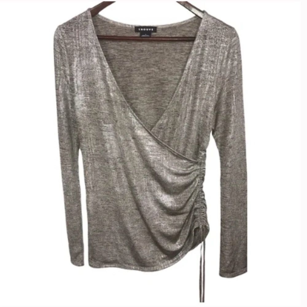 Trouve Metallic Silver Gold Long Sleeve Wrap Top